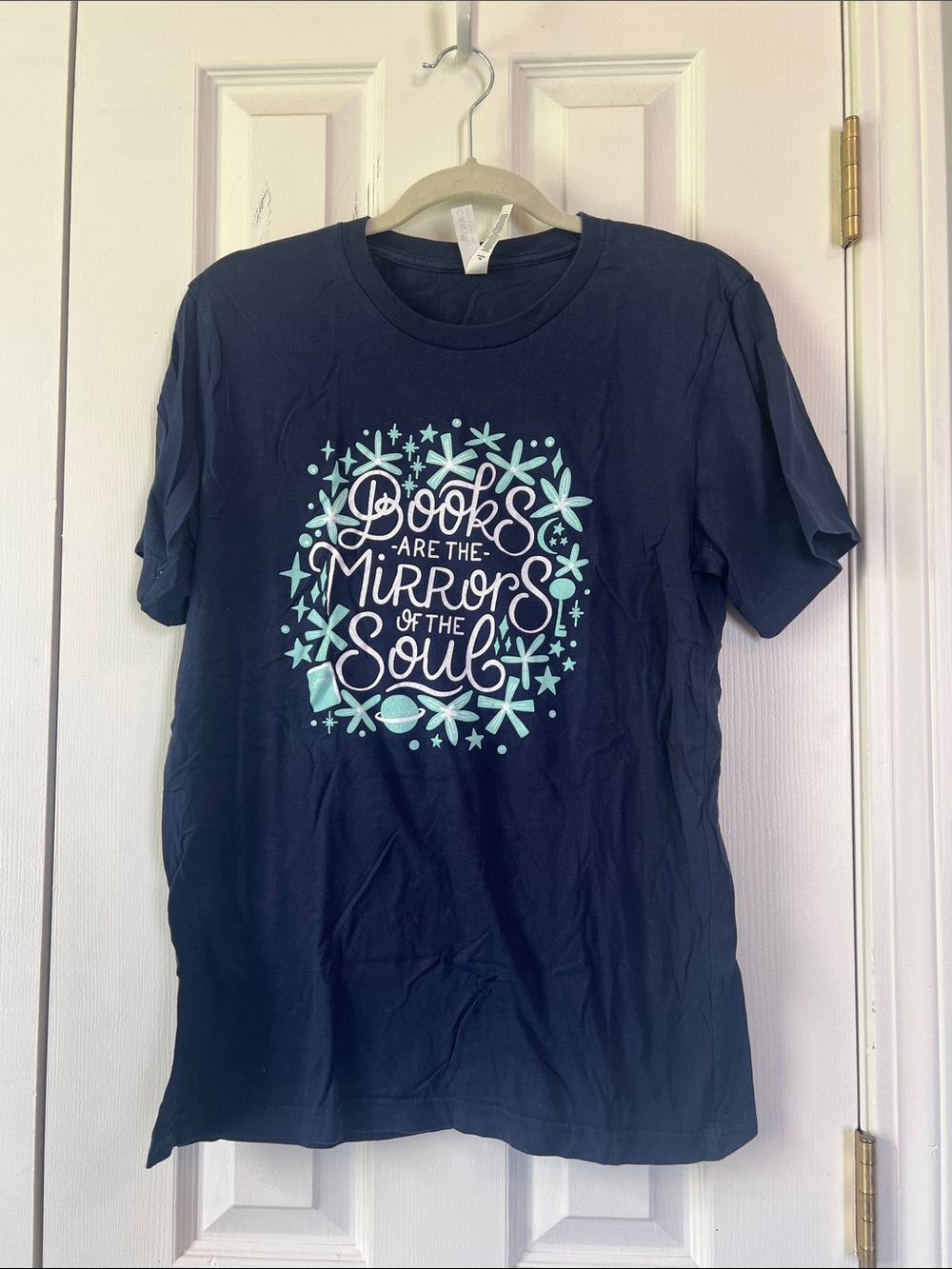 Bella Canvas Navy Blue Short Sleeve Tee with Light Blue Book Graphic